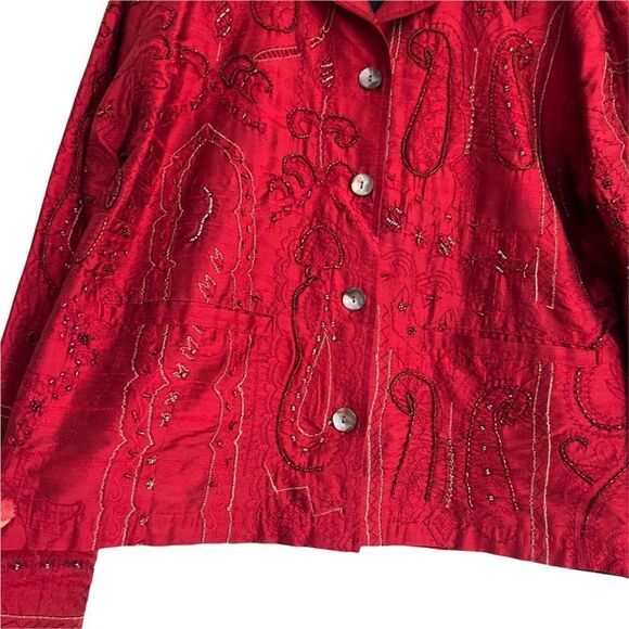 Vintage Chico’s Boho Red Silk Beaded + Embroidered Jacket Size 0 (= Small/4) - Picture 3 of 7